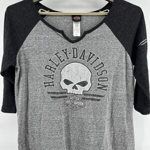 Harley Davidson Women's XL Top Gray Black 3/4 Sleeve Skull New London, CT